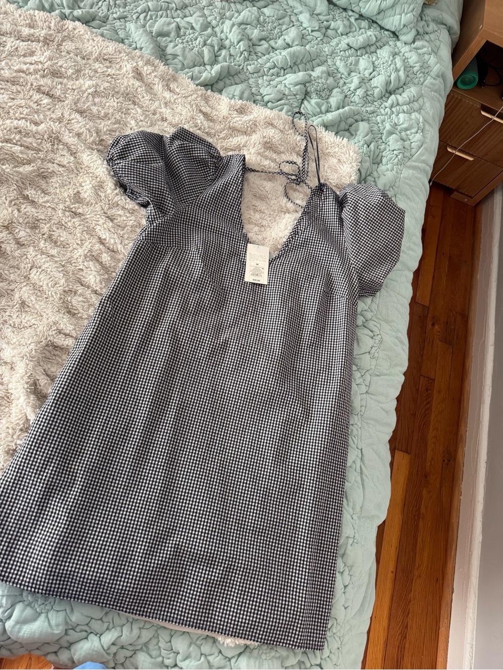 NWT Gingham Puff Sleeve Mini Dress in Navy & White